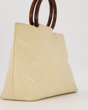 Chanel Vintage Light Beige Quilted Caviar Leather Tote Bag with Wooden CC and Handle Details