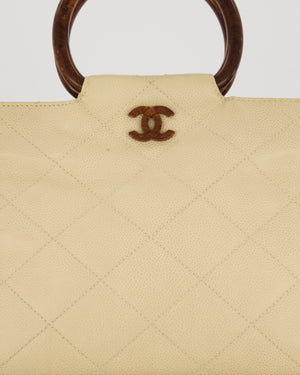Chanel Vintage Light Beige Quilted Caviar Leather Tote Bag with Wooden CC and Handle Details