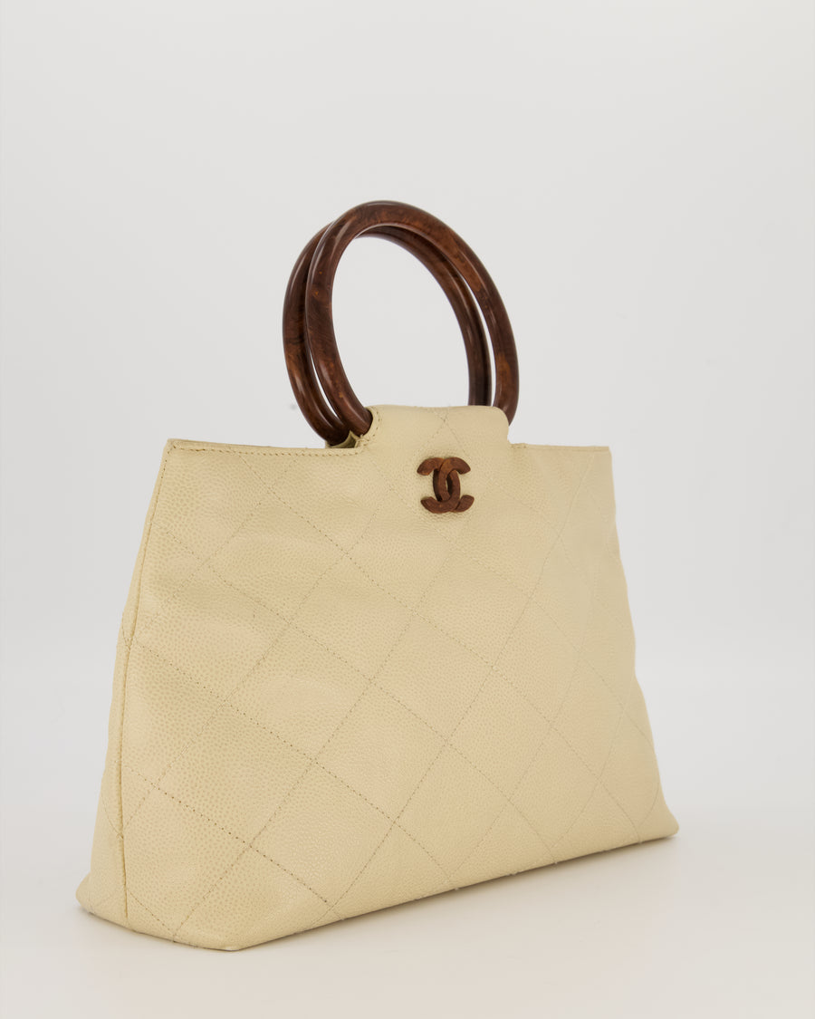 Chanel Vintage Light Beige Quilted Caviar Leather Tote Bag with Wooden CC and Handle Details