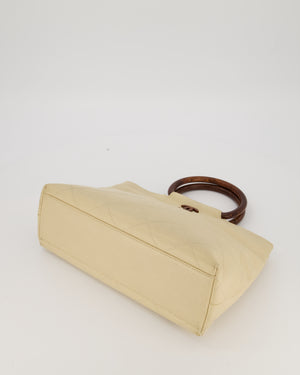 Chanel Vintage Light Beige Quilted Caviar Leather Tote Bag with Wooden CC and Handle Details
