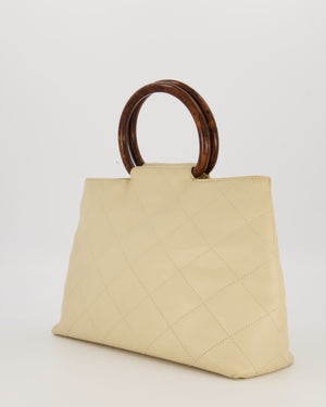 Chanel Vintage Light Beige Quilted Caviar Leather Tote Bag with Wooden CC and Handle Details