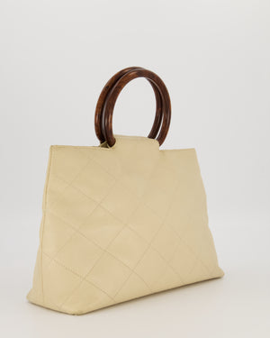 Chanel Vintage Light Beige Quilted Caviar Leather Tote Bag with Wooden CC and Handle Details