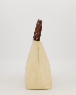 Chanel Vintage Light Beige Quilted Caviar Leather Tote Bag with Wooden CC and Handle Details