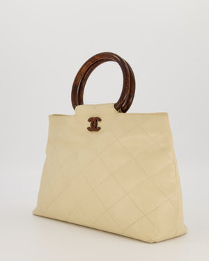 Chanel Vintage Light Beige Quilted Caviar Leather Tote Bag with Wooden CC and Handle Details