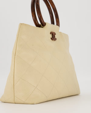 Chanel Vintage Light Beige Quilted Caviar Leather Tote Bag with Wooden CC and Handle Details