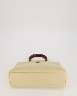 Chanel Vintage Light Beige Quilted Caviar Leather Tote Bag with Wooden CC and Handle Details