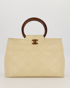 Chanel Vintage Light Beige Quilted Caviar Leather Tote Bag with Wooden CC and Handle Details