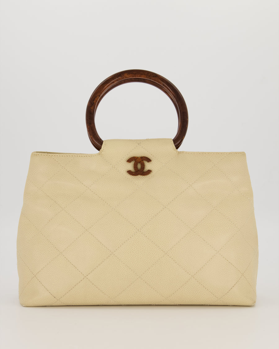 Chanel Vintage Light Beige Quilted Caviar Leather Tote Bag with Wooden CC and Handle Details