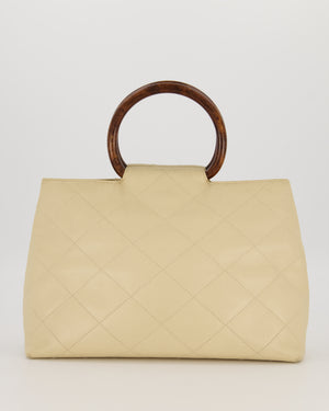 Chanel Vintage Light Beige Quilted Caviar Leather Tote Bag with Wooden CC and Handle Details