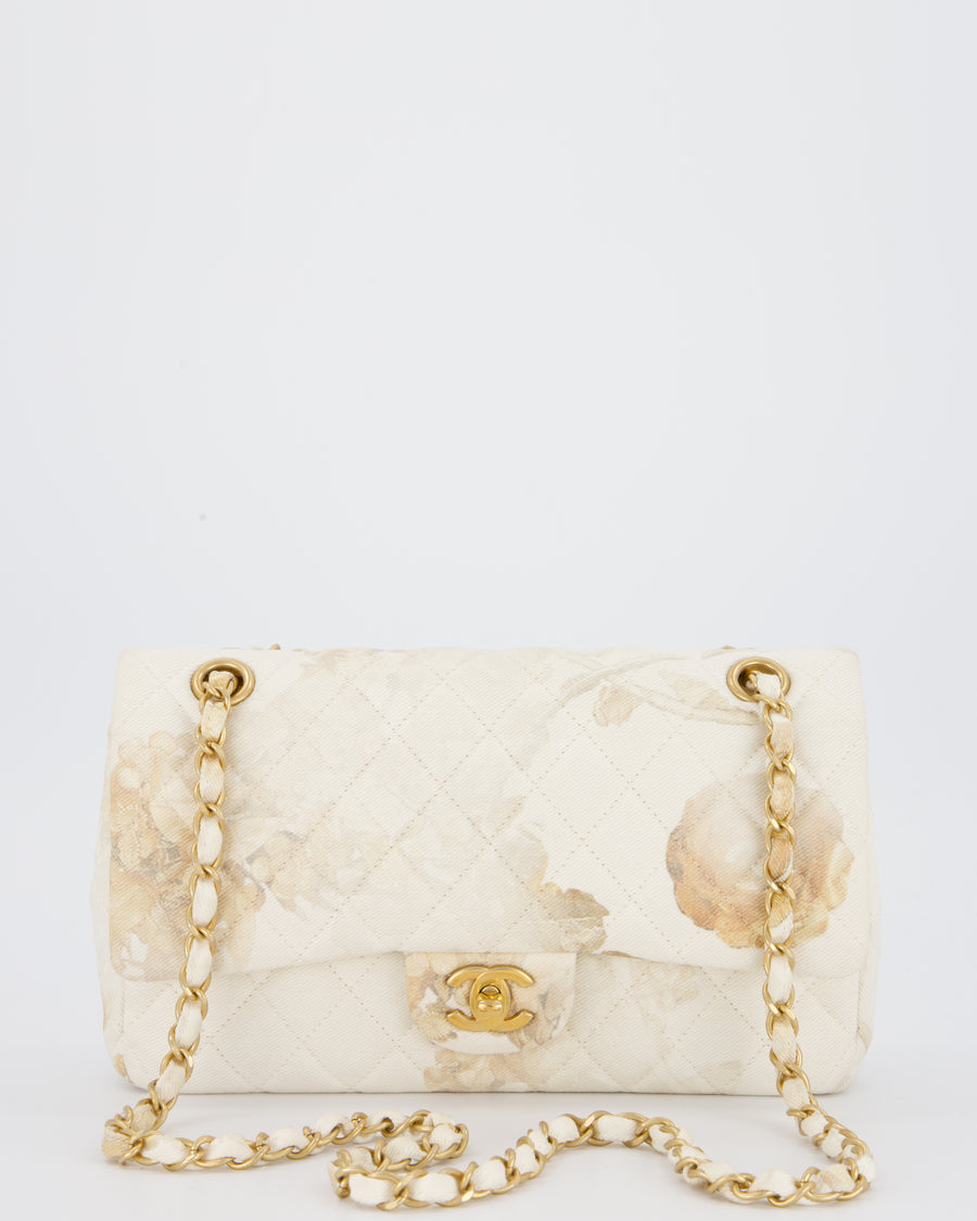 *RARE* Chanel Ivory Denim Floral Printed Medium Classic Double Flap Bag with Gold Hardware