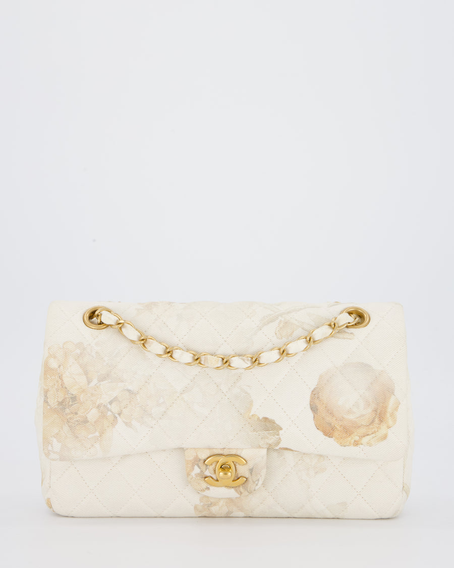 *RARE* Chanel Ivory Denim Floral Printed Medium Classic Double Flap Bag with Gold Hardware