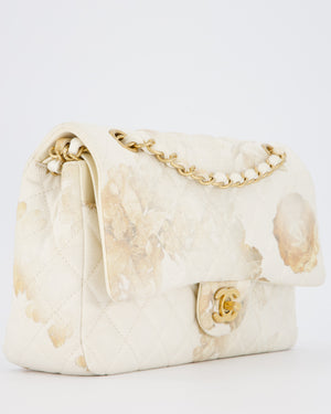 *RARE* Chanel Ivory Denim Floral Printed Medium Classic Double Flap Bag with Gold Hardware