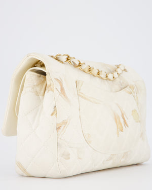 *RARE* Chanel Ivory Denim Floral Printed Medium Classic Double Flap Bag with Gold Hardware