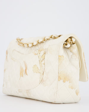 *RARE* Chanel Ivory Denim Floral Printed Medium Classic Double Flap Bag with Gold Hardware