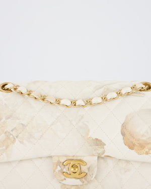 *RARE* Chanel Ivory Denim Floral Printed Medium Classic Double Flap Bag with Gold Hardware