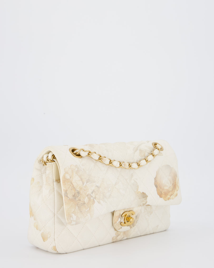 *RARE* Chanel Ivory Denim Floral Printed Medium Classic Double Flap Bag with Gold Hardware
