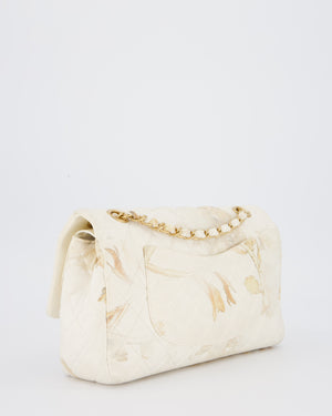 *RARE* Chanel Ivory Denim Floral Printed Medium Classic Double Flap Bag with Gold Hardware