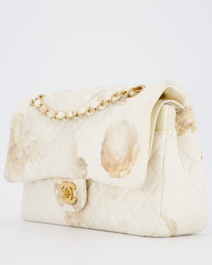 *RARE* Chanel Ivory Denim Floral Printed Medium Classic Double Flap Bag with Gold Hardware