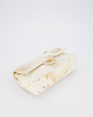 *RARE* Chanel Ivory Denim Floral Printed Medium Classic Double Flap Bag with Gold Hardware