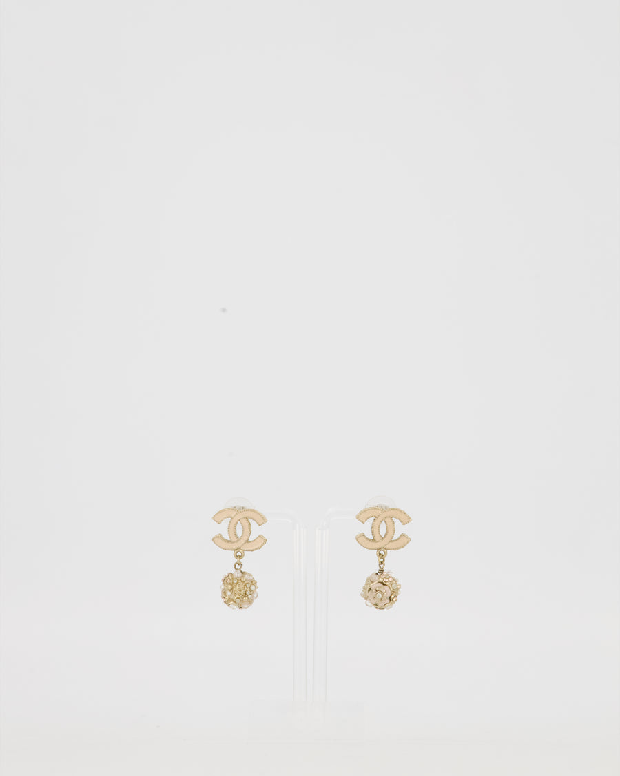 Chanel Autumn 2011 Collection CC Pink Enamel Drop Earrings with Pearl Camelila Ball Detail