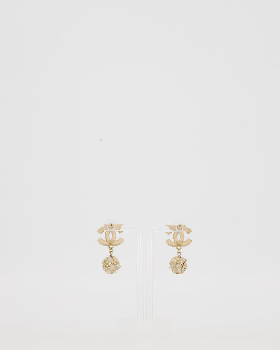 Chanel Autumn 2011 Collection CC Pink Enamel Drop Earrings with Pearl Camelila Ball Detail
