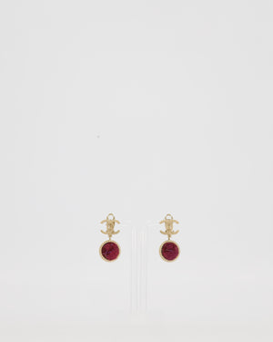 Chanel Autumn 2013 Collection CC Logo Gold Drop Earrings with Purple, Pink and Black Tweed Ball Detail