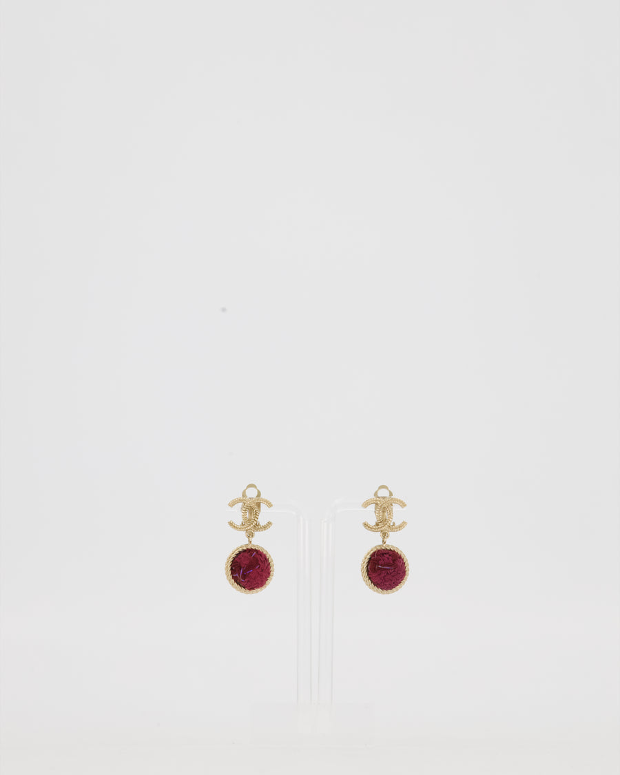 Chanel Autumn 2013 Collection CC Logo Gold Drop Earrings with Purple, Pink and Black Tweed Ball Detail