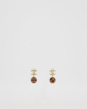 Chanel Autumn 2013 Collection CC Logo Gold Drop Earrings with Purple, Pink and Black Tweed Ball Detail
