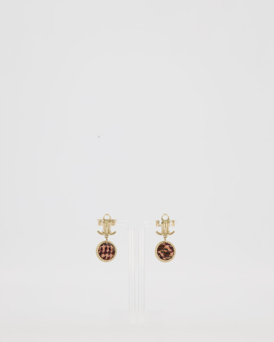 Chanel Autumn 2013 Collection CC Logo Gold Drop Earrings with Purple, Pink and Black Tweed Ball Detail