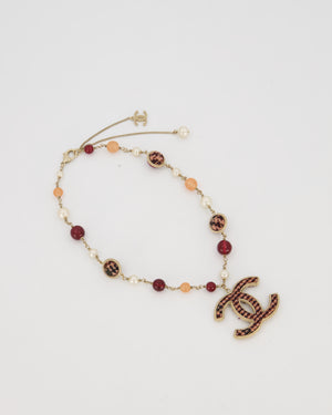 Chanel 13/A Burgundy Tweed CC Necklace with Graduated Beaded Detail