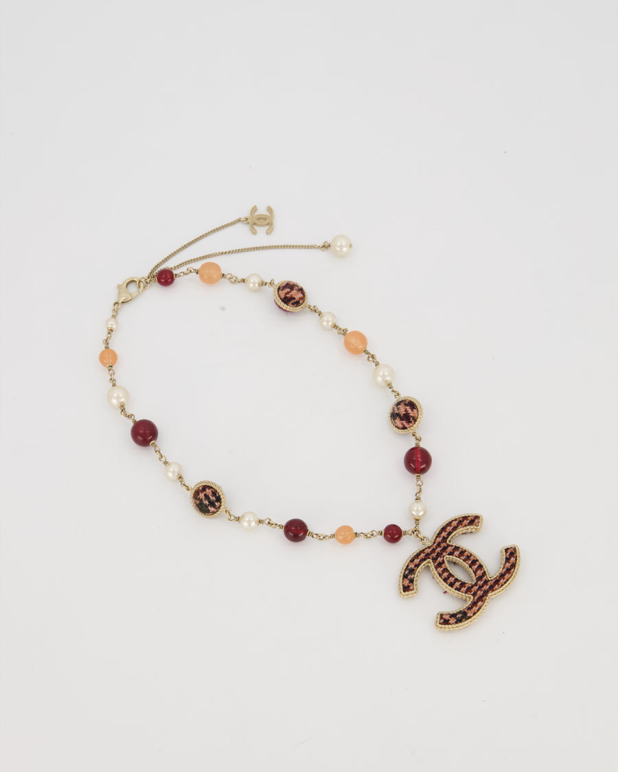 Chanel 13/A Burgundy Tweed CC Necklace with Graduated Beaded Detail