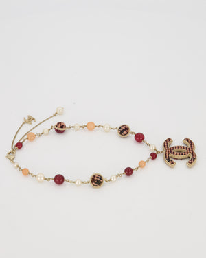 Chanel 13/A Burgundy Tweed CC Necklace with Graduated Beaded Detail