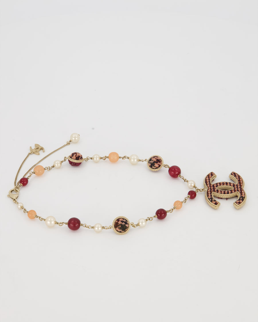 Chanel 13/A Burgundy Tweed CC Necklace with Graduated Beaded Detail