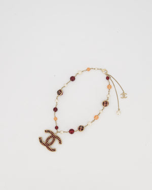 Chanel 13/A Burgundy Tweed CC Necklace with Graduated Beaded Detail