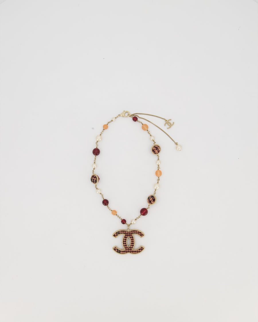 Chanel 13/A Burgundy Tweed CC Necklace with Graduated Beaded Detail