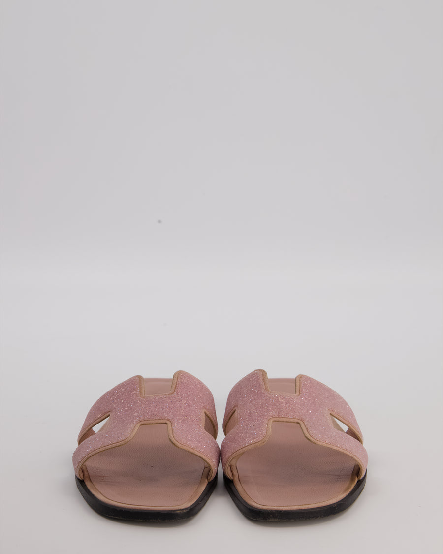 Hermès Blush Pink Glitter Oran Sandals with Suede Trim Size EU 39