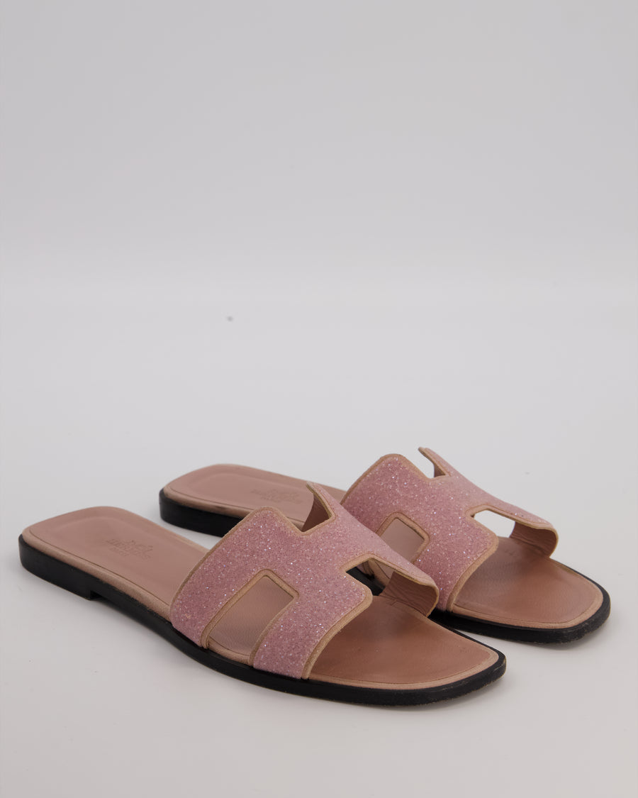 Hermès Blush Pink Glitter Oran Sandals with Suede Trim Size EU 39