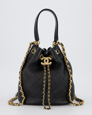 Chanel Black Quilted CC Drawstring Bucket Bag in Glazed Lambskin With Gold Hardware