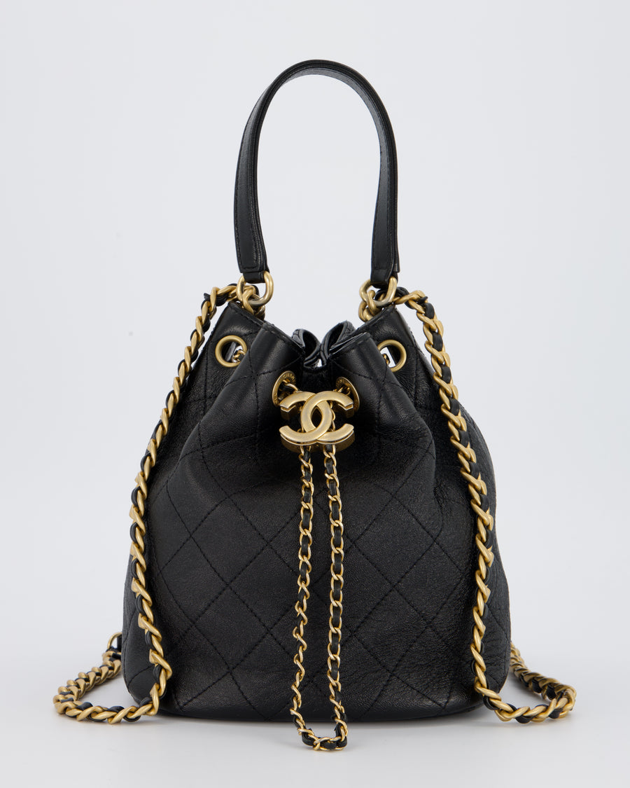 Chanel Black Quilted CC Drawstring Bucket Bag in Glazed Lambskin With Gold Hardware