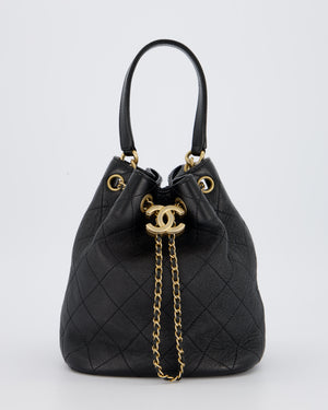 Chanel Black Quilted CC Drawstring Bucket Bag in Glazed Lambskin With Gold Hardware