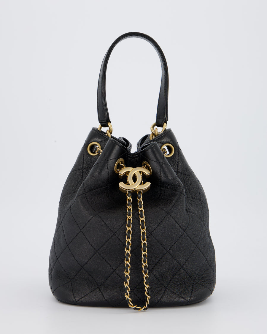 Chanel Black Quilted CC Drawstring Bucket Bag in Glazed Lambskin With Gold Hardware