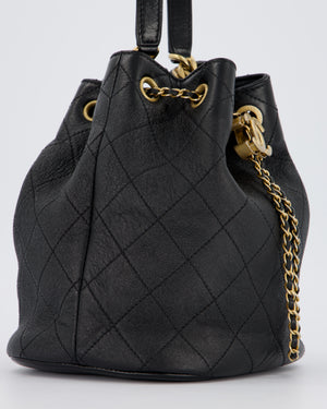 Chanel Black Quilted CC Drawstring Bucket Bag in Glazed Lambskin With Gold Hardware