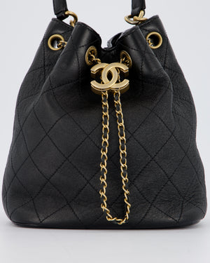 Chanel Black Quilted CC Drawstring Bucket Bag in Glazed Lambskin With Gold Hardware