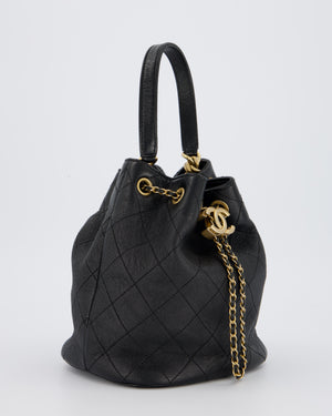 Chanel Black Quilted CC Drawstring Bucket Bag in Glazed Lambskin With Gold Hardware