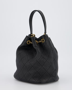 Chanel Black Quilted CC Drawstring Bucket Bag in Glazed Lambskin With Gold Hardware