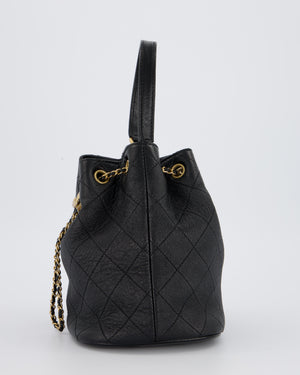 Chanel Black Quilted CC Drawstring Bucket Bag in Glazed Lambskin With Gold Hardware