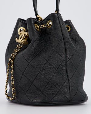 Chanel Black Quilted CC Drawstring Bucket Bag in Glazed Lambskin With Gold Hardware