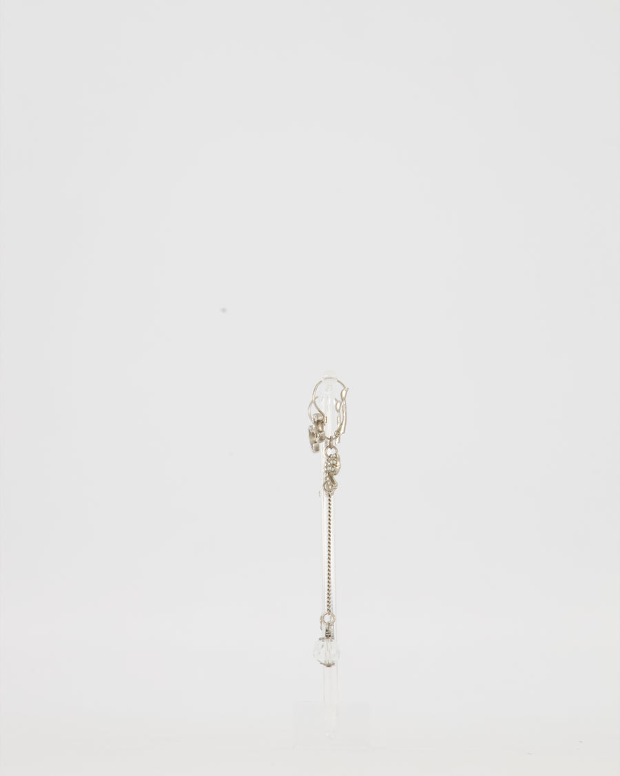 Chanel Autumn 2007, Silver CC Crystal Drop Earrings with Bow Detail