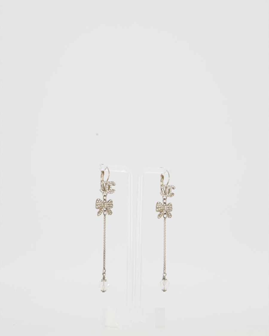 Chanel Autumn 2007, Silver CC Crystal Drop Earrings with Bow Detail