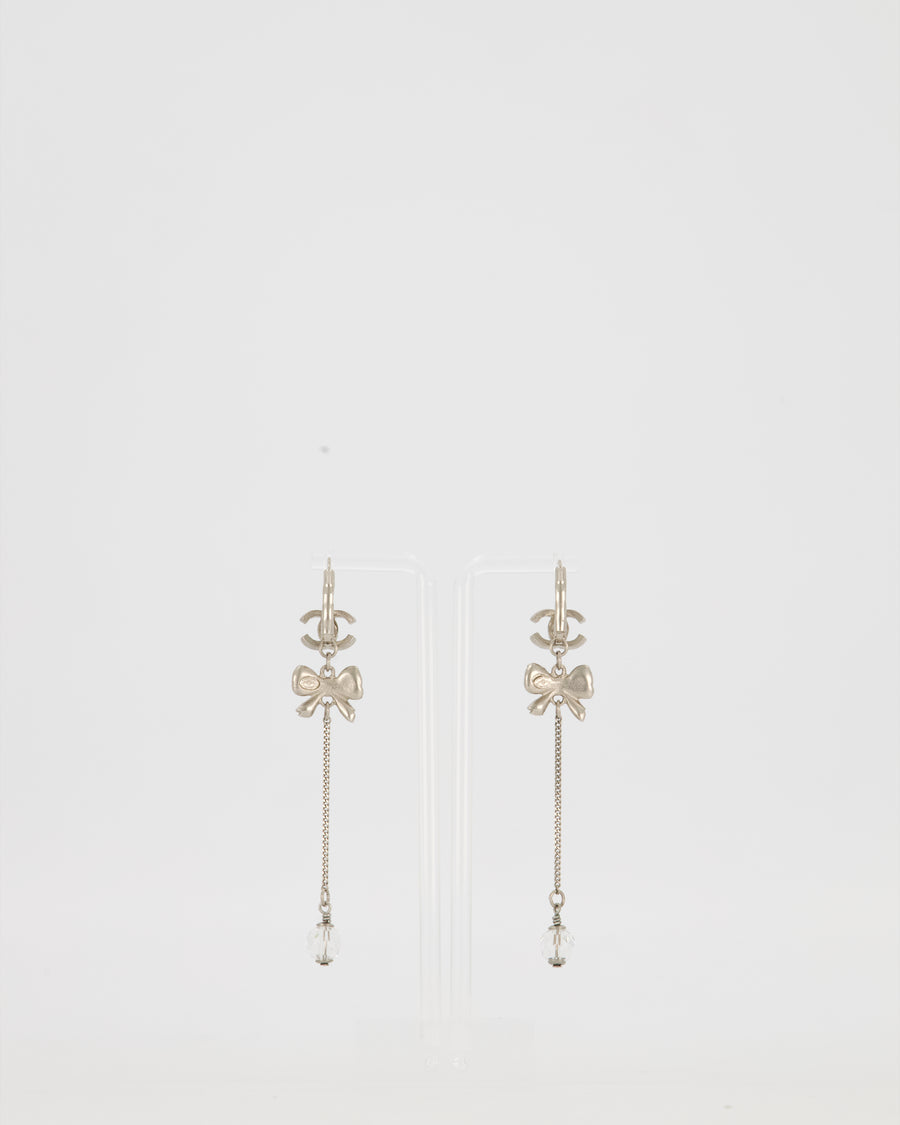 Chanel Autumn 2007, Silver CC Crystal Drop Earrings with Bow Detail